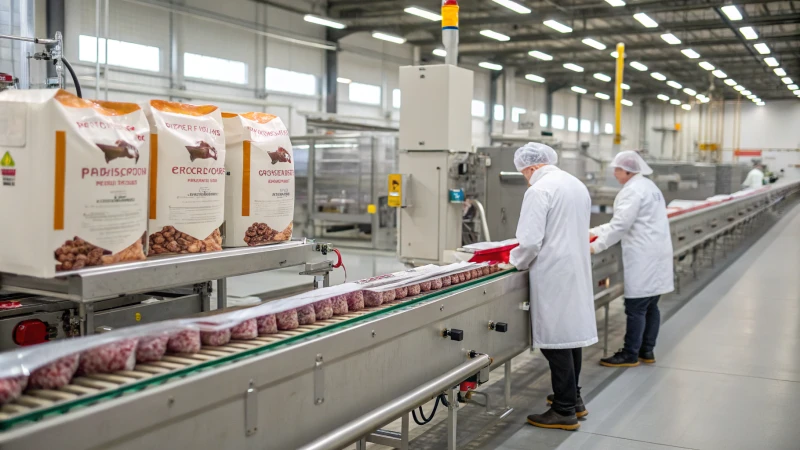 A busy pet food manufacturing facility with workers and machines