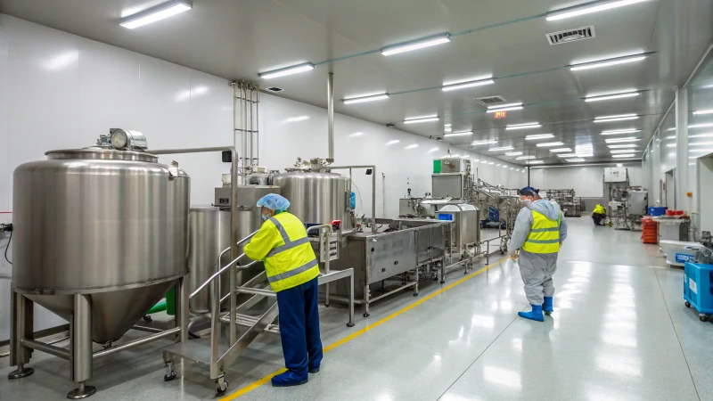 A clean pet food manufacturing facility with workers in safety gear.