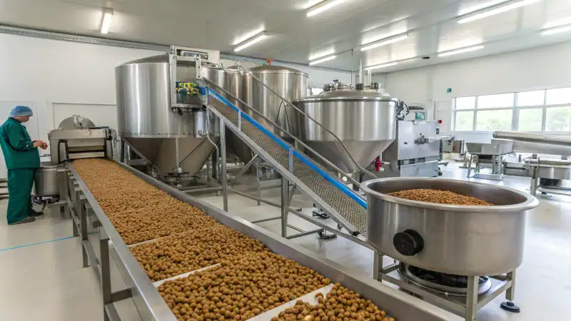 A pet food production line featuring machinery and conveyor belts