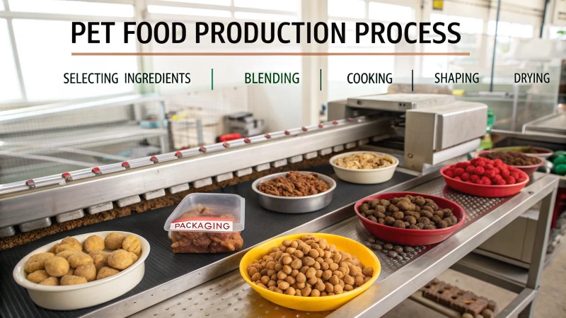 Infographic showing steps of pet food production process