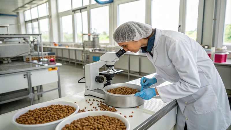 A technician in a lab coat analyzing pet food samples