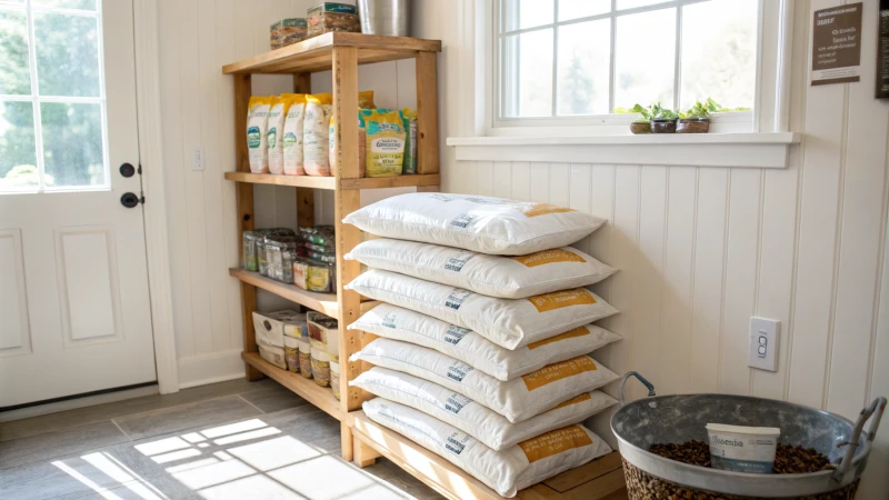 Organized pet food storage area with dog food bags