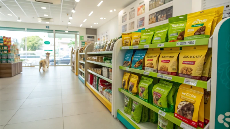 A vibrant pet store aisle showcasing pet treats