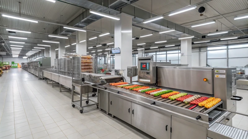 Modern industrial factory with automated pet treat processing line