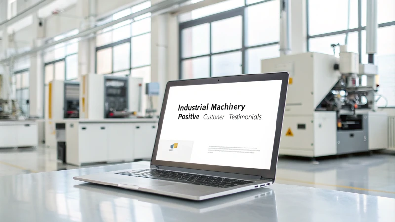 A clean workspace with a laptop displaying customer testimonials about industrial machinery.