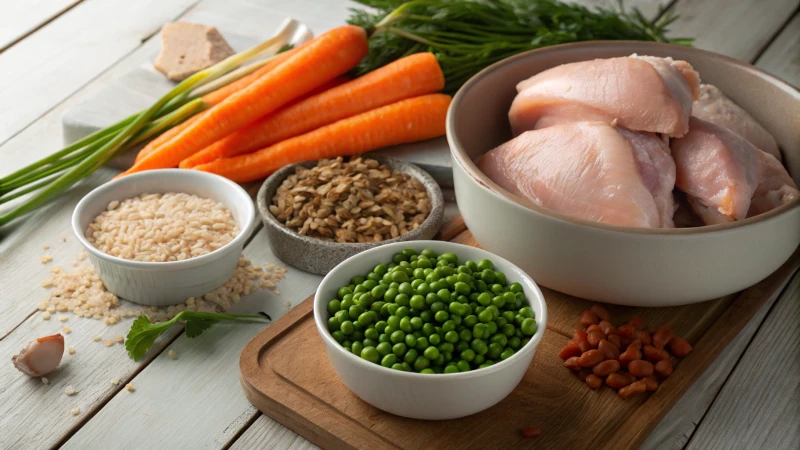 A rustic wooden table with fresh dog food ingredients arranged artfully