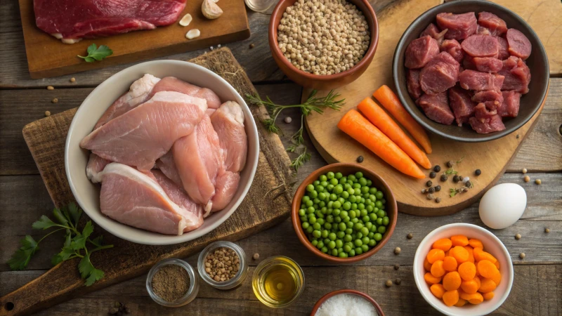 Overhead view of a wooden table with various pet food ingredients