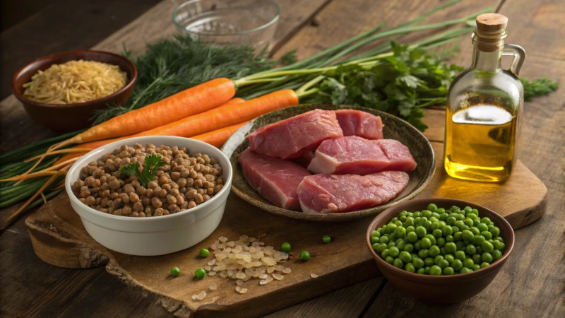 Un tavolo rustico in legno con ingredienti freschi per il cibo per cani fatto in casa.