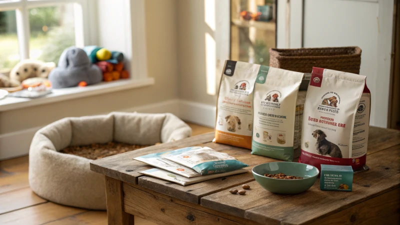 A rustic wooden table with various premium dog food bags and marketing materials