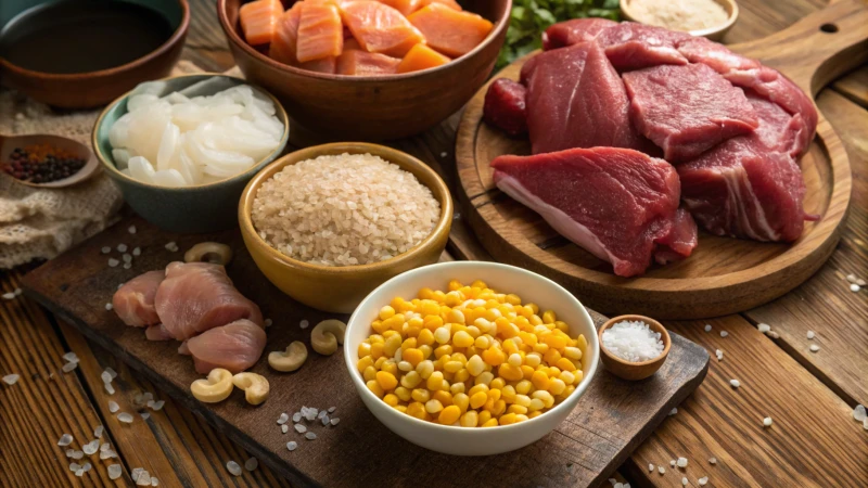 A rustic wooden table with various fresh pet food ingredients including raw chicken, beef, grains, and vitamin tablets.