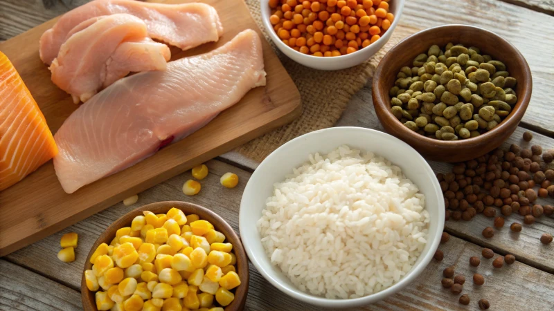 A rustic wooden table with various pet food ingredients.