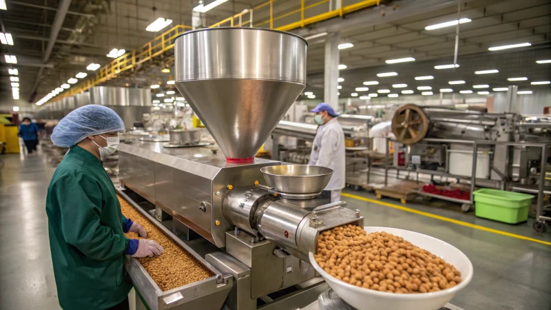 A high-tech pet food extruder in a manufacturing facility