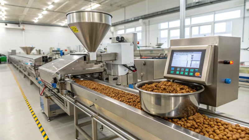 A modern pet food extruder in a clean manufacturing facility.