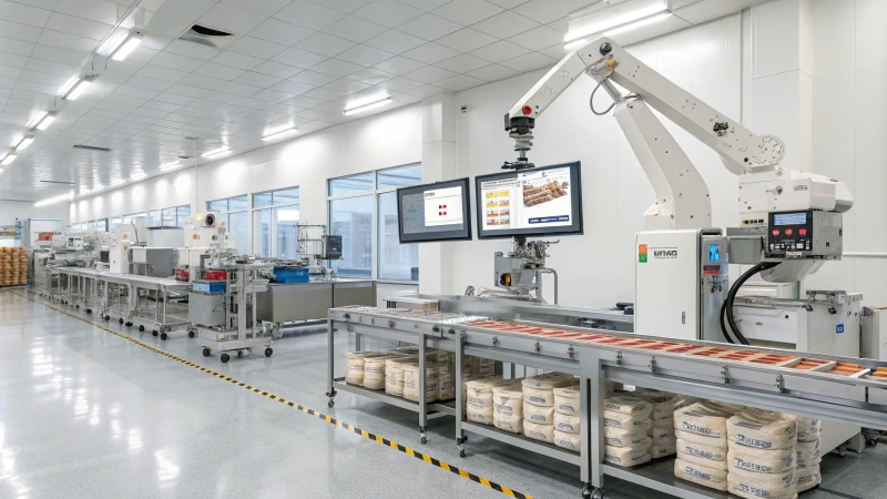 Photorealistic image of a high-tech pet food manufacturing facility with automated machinery