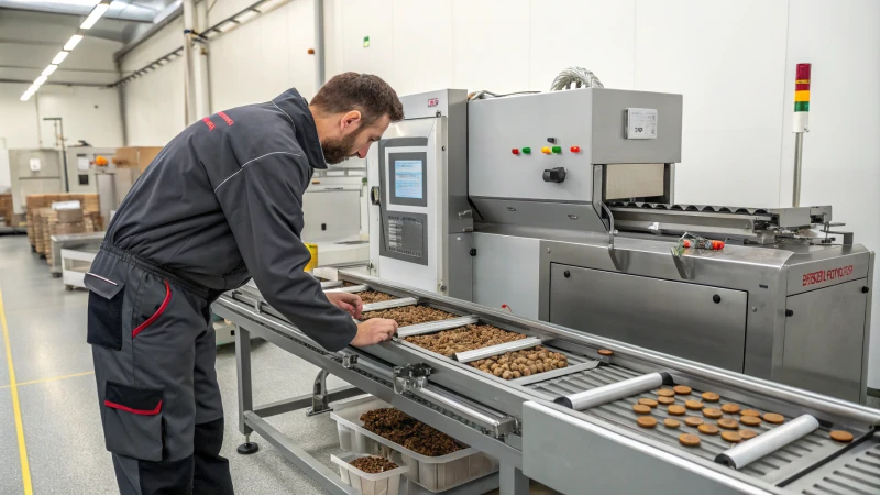 Technician examining a pet treats molding machine in a workshop