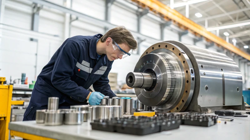 A technician inspecting a large extruder machine in an industrial factory