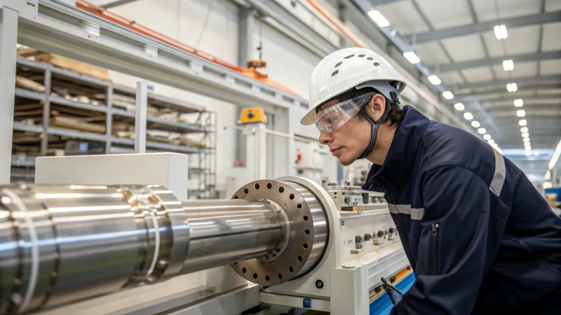 A technician inspecting an extrusion machine in a manufacturing plant.