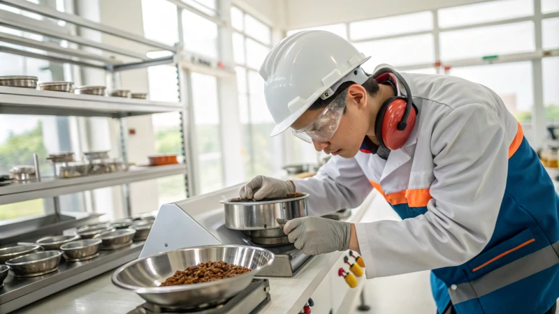 A technician in safety gear inspecting a pet food manufacturing machine