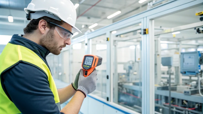 Technician measuring temperature in a manufacturing facility