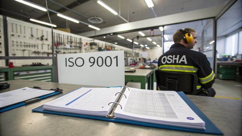 A technician reviewing maintenance documents in a modern workshop