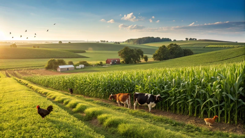 A vibrant farm scene with green fields, livestock, and a clear sky