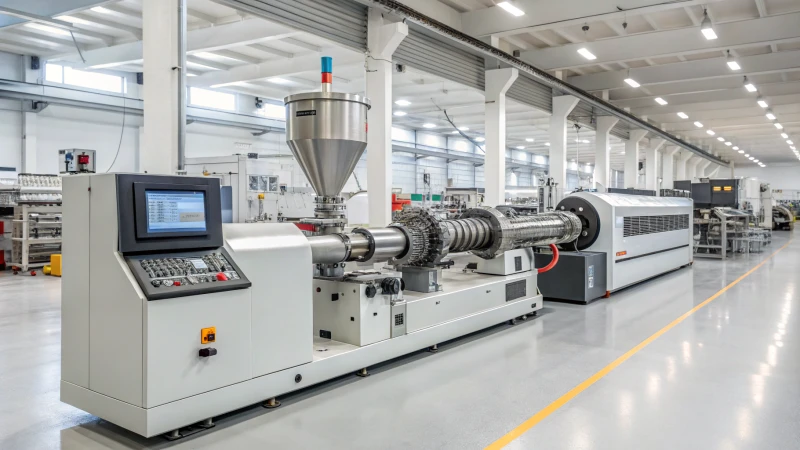 A modern twin screw extruder in a manufacturing facility