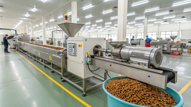 Twin screw extruder machine in a pet food production facility