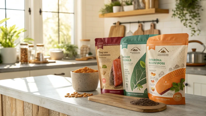 Vibrant display of unique dog food products on a kitchen countertop