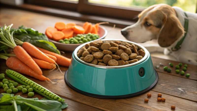 A vibrant pet food bowl filled with kibble surrounded by fresh vegetables