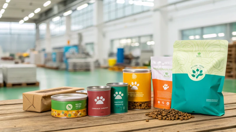 Various pet food packaging options on a wooden table