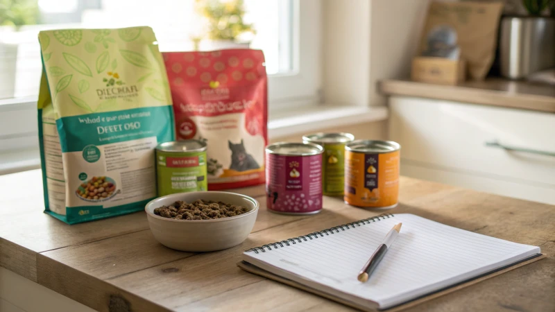 Kitchen table with various pet food products and a notebook