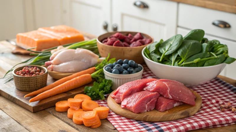 A wooden kitchen table filled with fresh pet food ingredients.