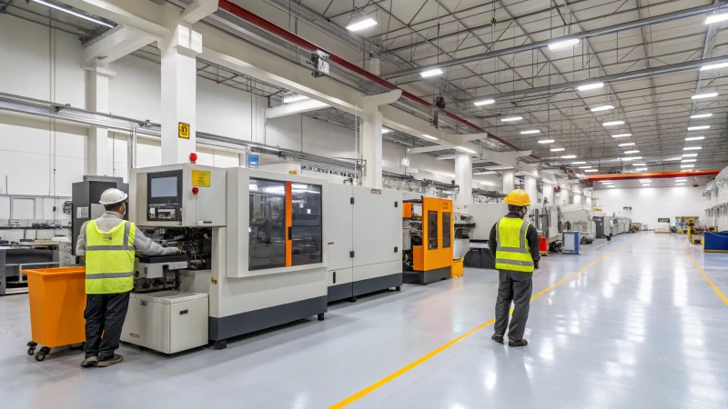 Interior of an advanced extrusion manufacturing facility with workers