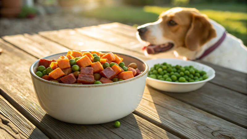 A bowl of grain-free dog food with vibrant ingredients and a dog in the background