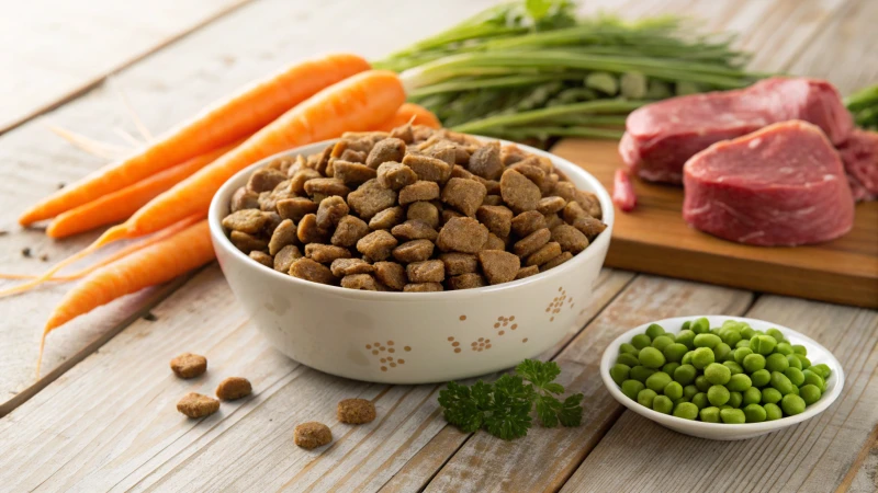 Bowl of dry dog food surrounded by vegetables and raw meat on a wooden table