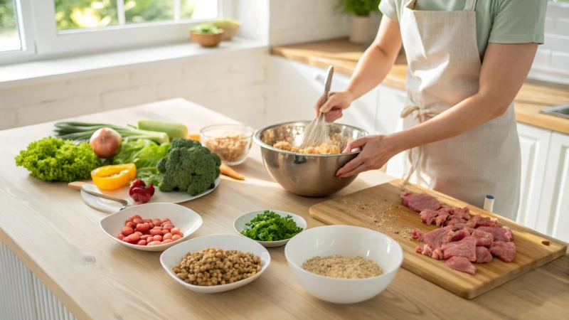 밝은 주방에서 수제 개 사료를 만들기 위해 재료를 섞는 사람