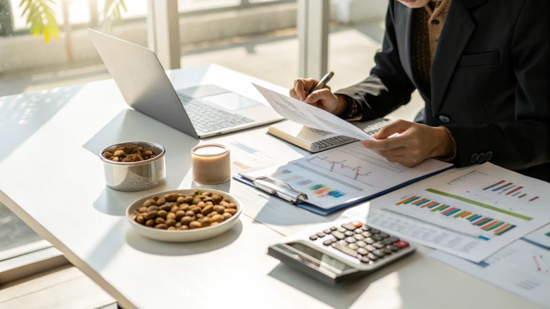 Un professionnel dans un bureau moderne analysant des documents financiers avec des produits alimentaires pour animaux de compagnie sur la table.