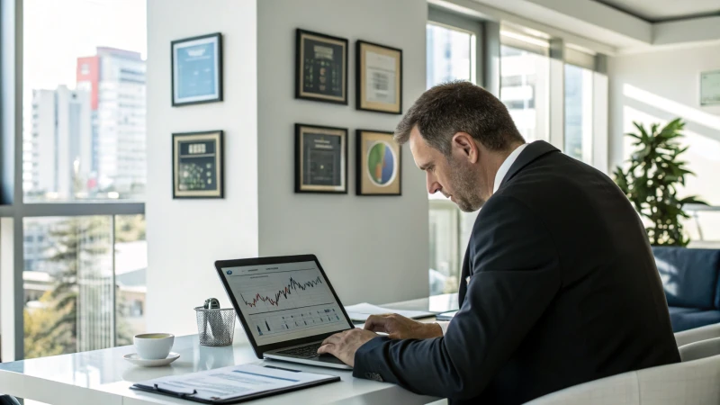 Profissional de negócios trabalhando em um laptop em um escritório moderno