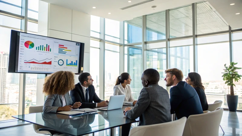 A diverse group of professionals in a modern conference room discussing charts and graphs.