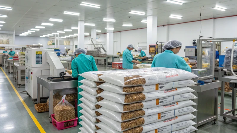 A busy pet food packaging facility with workers and machinery