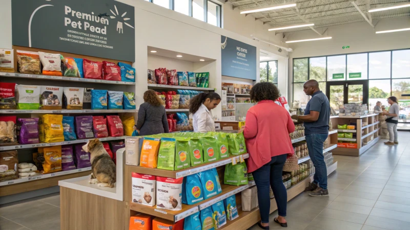 Intérieur d'un magasin d'aliments pour animaux très fréquenté avec des étagères de sacs d'aliments pour animaux colorés.