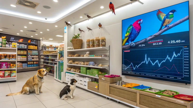 Interior of a vibrant pet store filled with animals and products.