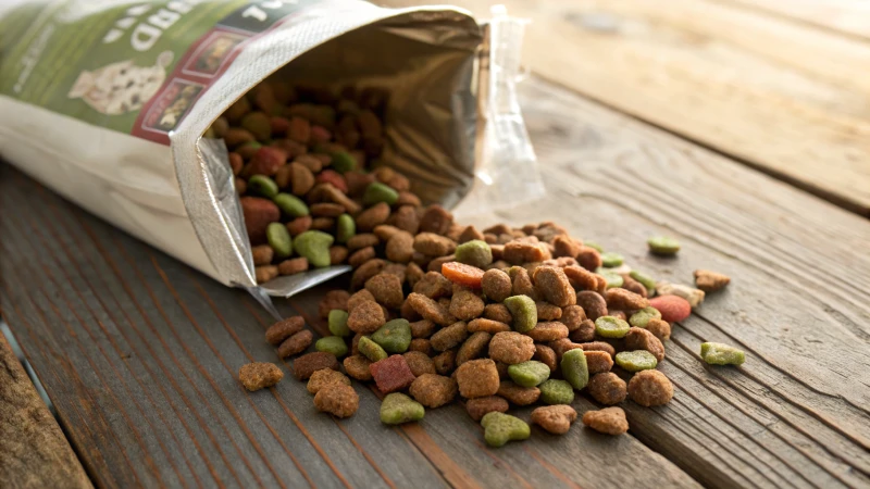 Close-up of a bag of dry dog food spilling kibble on a wooden table