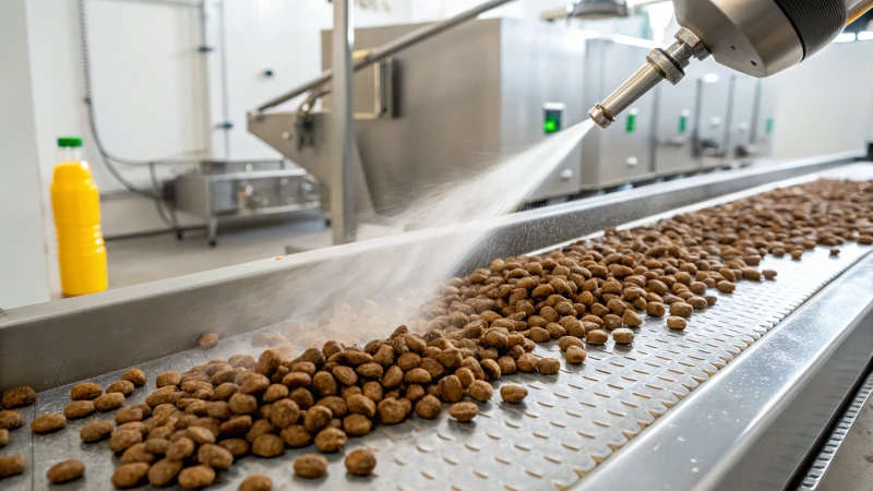 Primer plano de croquetas brillantes para perros en una cinta transportadora con spray de nutrientes