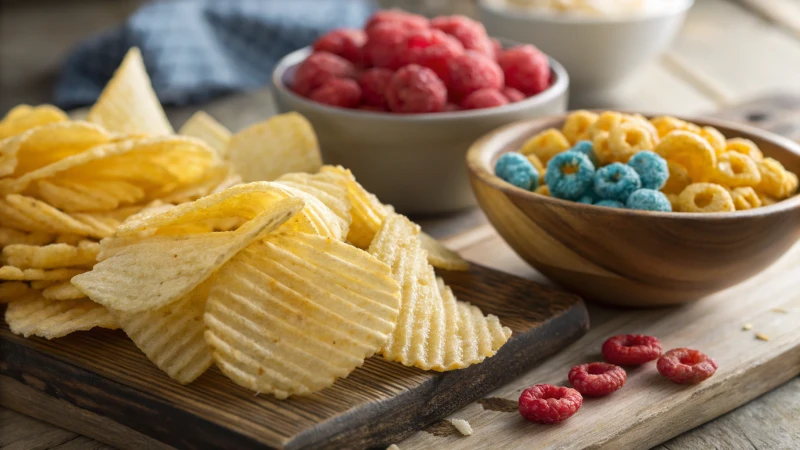 Close-up of various extruded snacks on a wooden surface