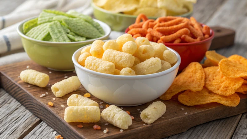 A close-up view of colorful extruded snacks on a wooden surface