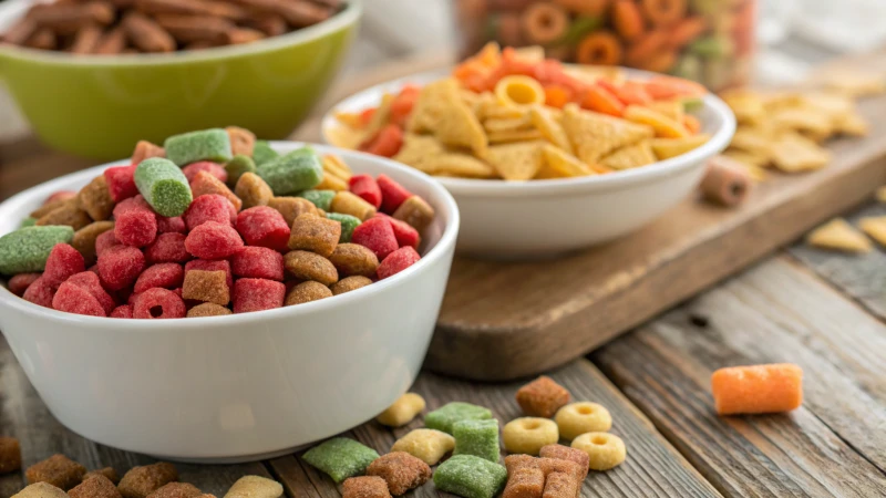 Close-up of colorful extruded food products on a wooden table