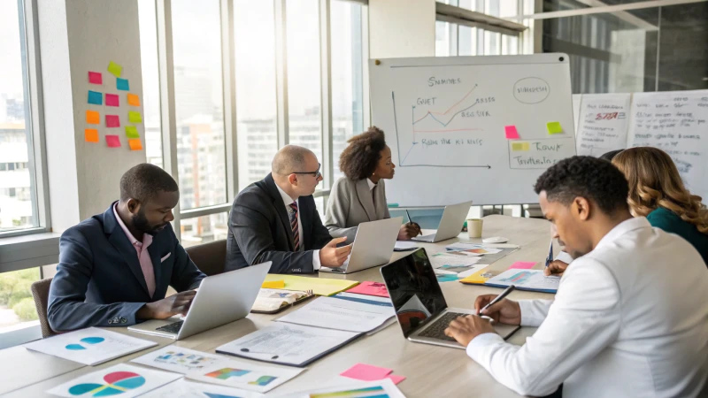 Diverse professionals in a conference room discussing strategies