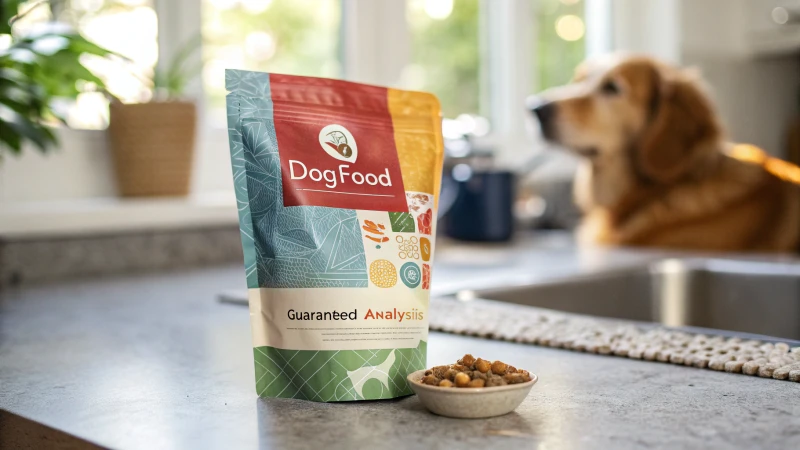 A close-up of a colorful dog food bag on a kitchen countertop with an inquisitive dog in the background.