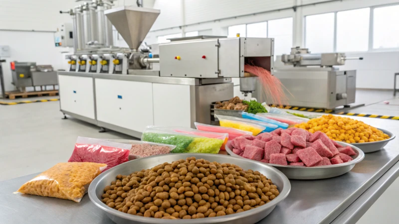 A modern dog food extrusion machine in operation.